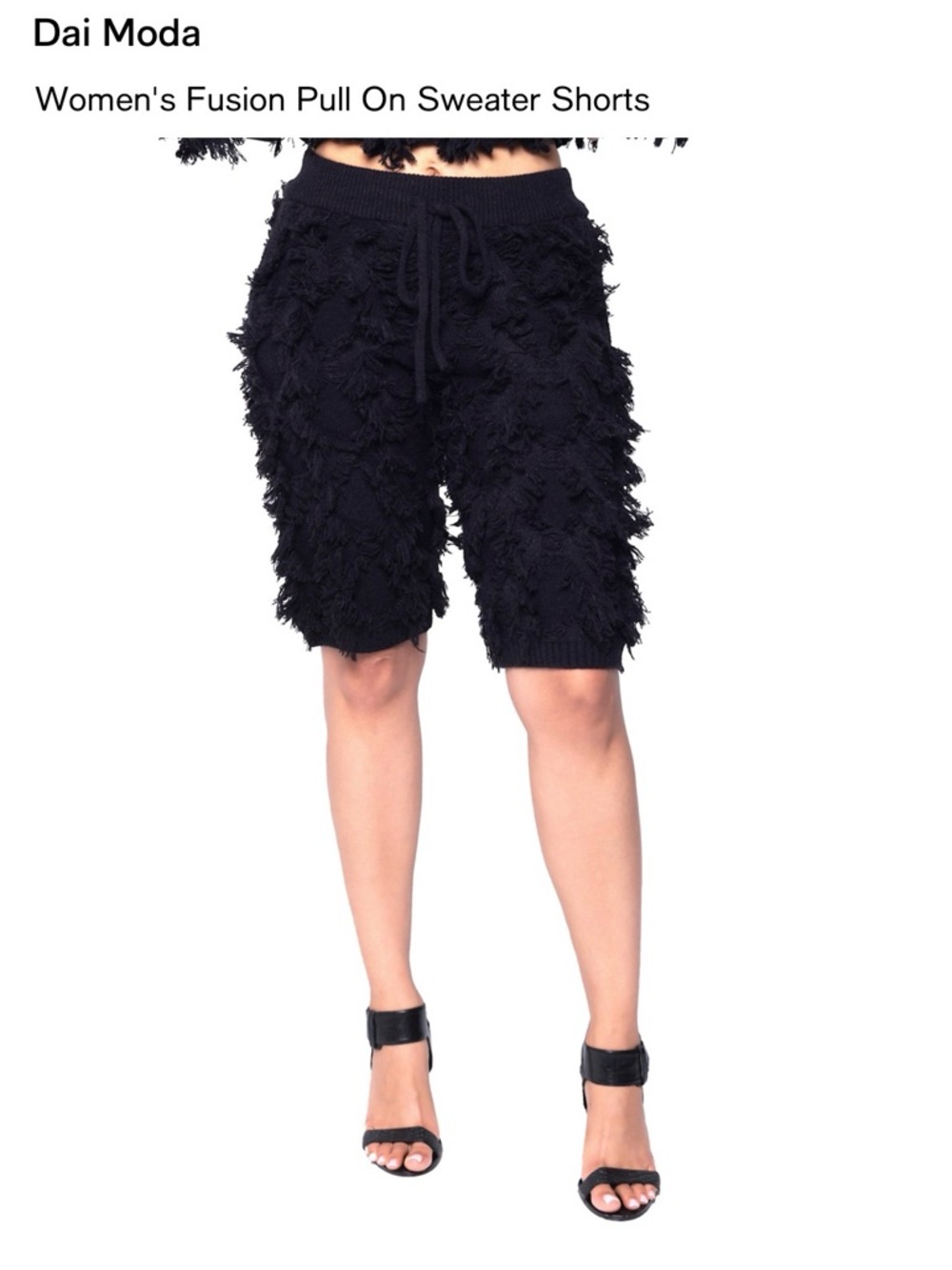 Black Fringe Knit Drawstring Shorts for Women